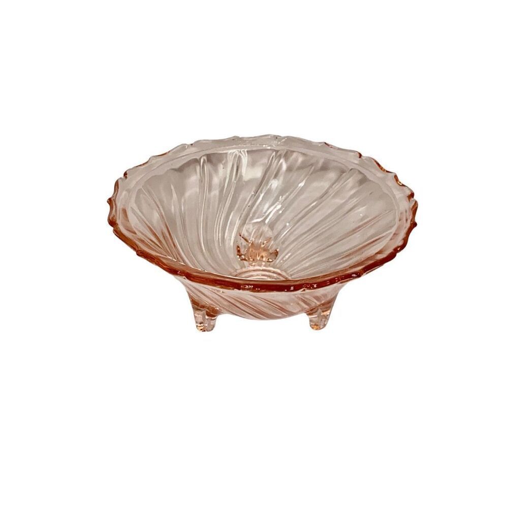 Vintage Jeannette Glass Co. pink footed 1937 depression glass swirl bowl.